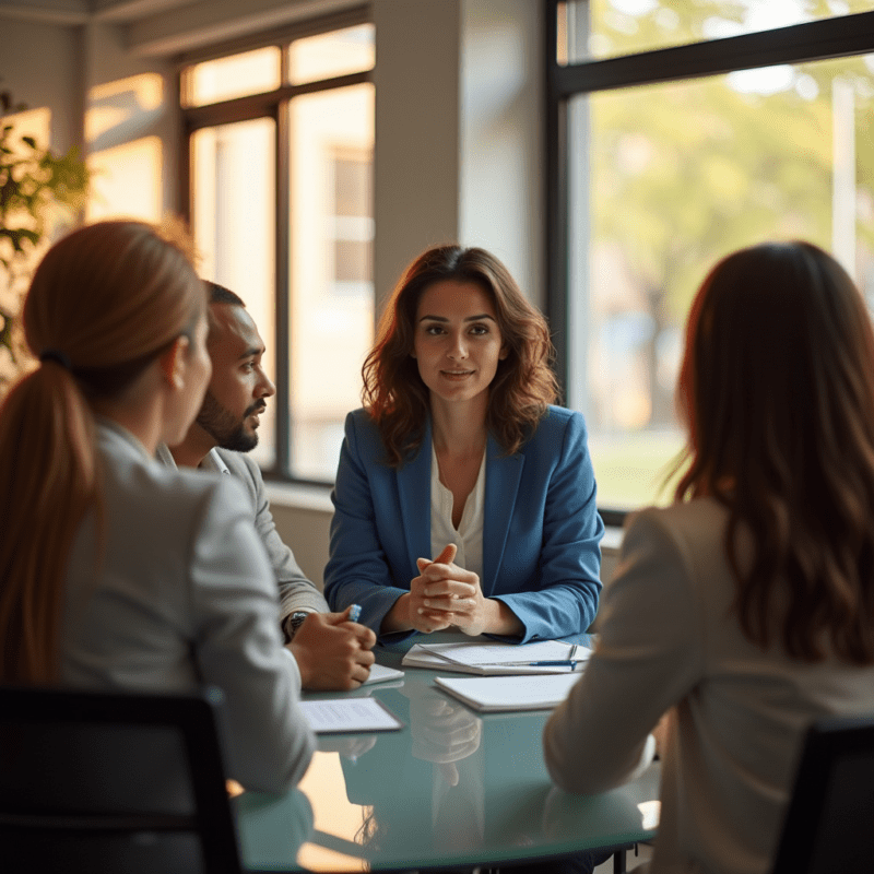 Verslo profesionalai diskutuoja apie inovacijų diegimą biure.