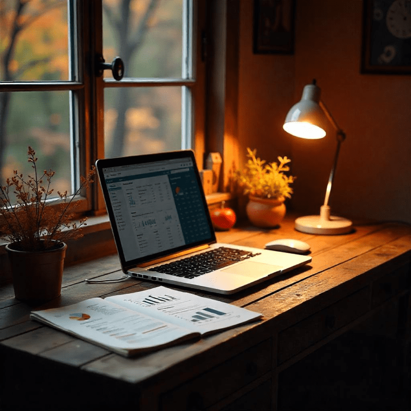 Darbo vieta su verslo planavimo dokumentais, nešiojamuoju kompiuteriu ir užrašine.