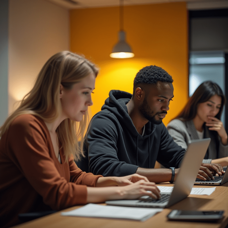 Biuro aplinka su besišypsančiais darbuotojais, diskutuojančiais apie darbo procesus ir personalo valdymą.