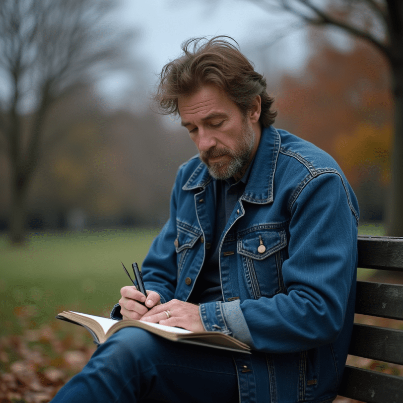 Žmogus užrašantis savo tikslus į sąsiuvinį, simbolizuojantis sėkmę ir atkaklumą.