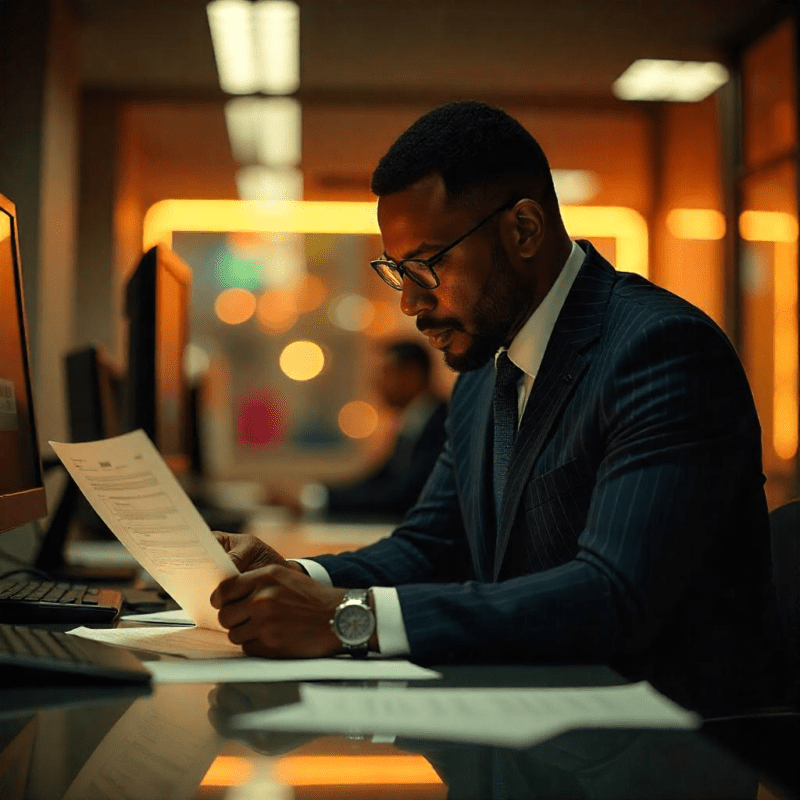 Verslininkas peržiūri teisės aktus ir dokumentus savo darbo vietoje.