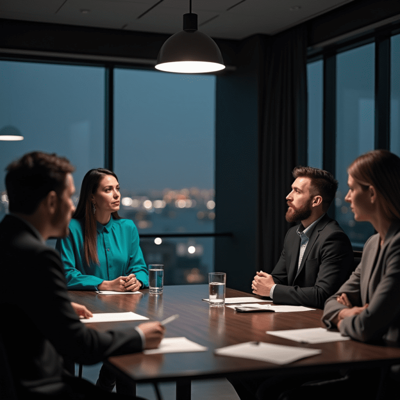 Profesionalų grupė dalyvauja verslo mokymuose modernioje konferencijų salėje.