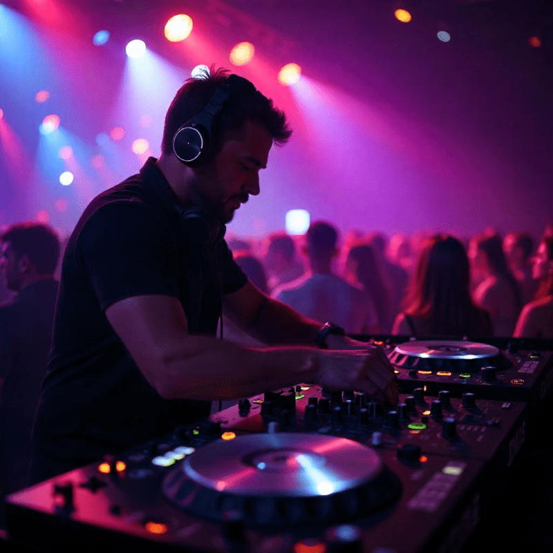 DJ miksuoja muziką naudodamas profesionalią įrangą energingoje aplinkoje.