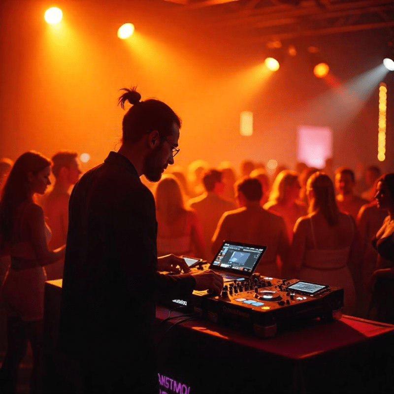 Profesionalus DJ groja renginyje, kurdamas ypatingą atmosferą ir pritraukdamas svečius į šokių aikštelę.