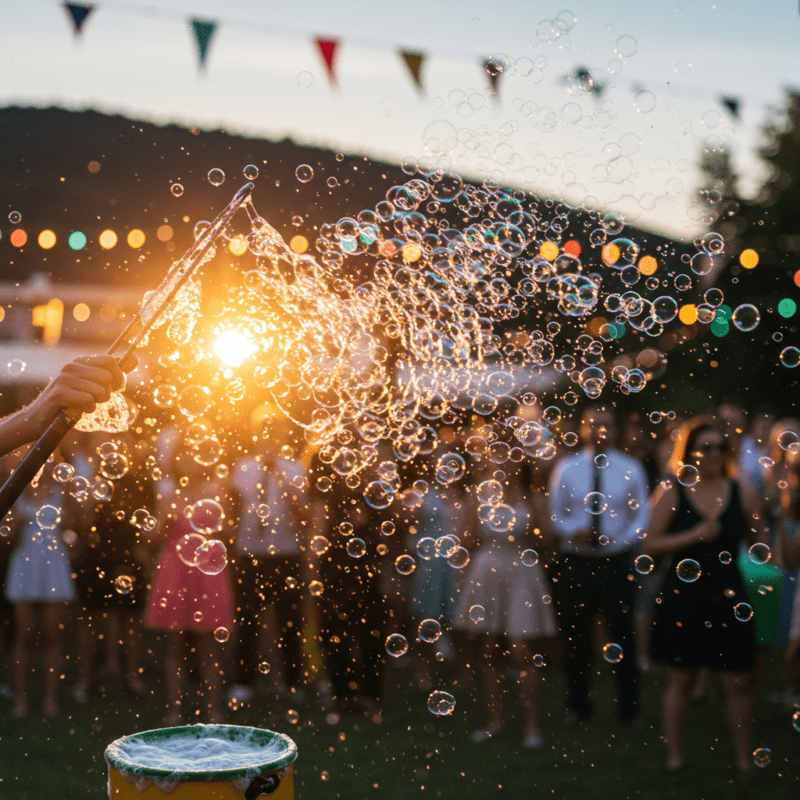 Muilo burbulų aparatas skleidžia burbulus, suteikdamas šventei žavesio.