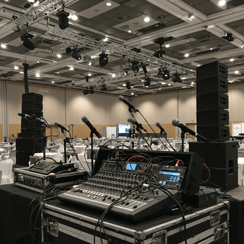 Profesionali garso aparatūra renginyje, užtikrinanti aiškų garsą ir mikrofonų veikimą.