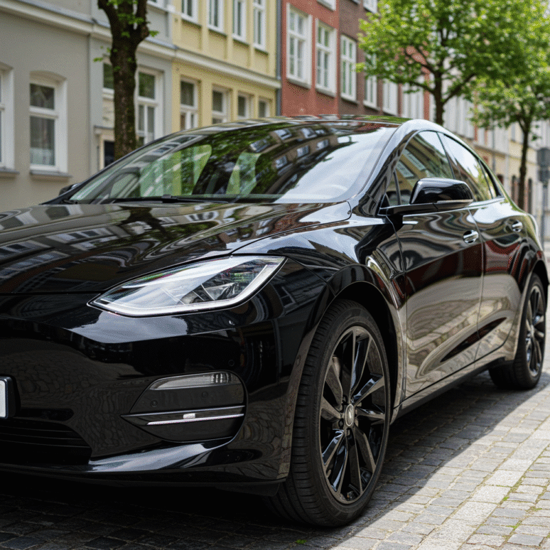 Blizgantis automobilis su švariu, veidrodiniu paviršiumi stovintis miesto aplinkoje