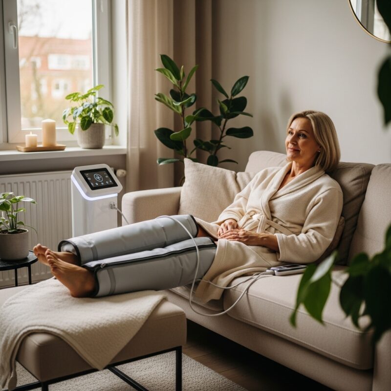 Moteris atlieka limfodrenažinę procedūrą namuose, patogiai įsitaisiusi ir atsipalaidavusi.