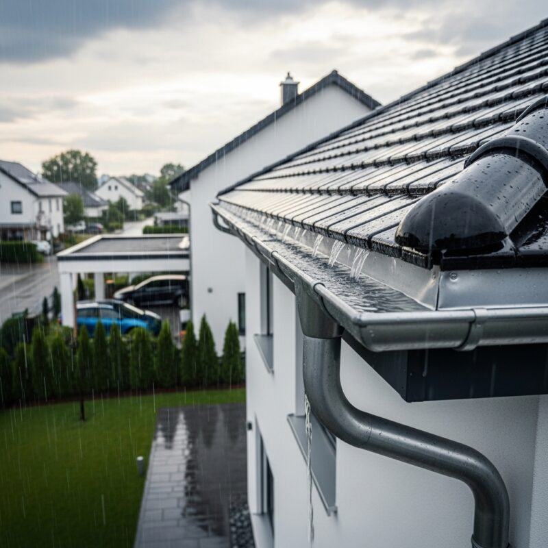 Lietaus nuvedimo sistema įrengta prie namo, apsauganti nuo stiprių liūčių poveikio.