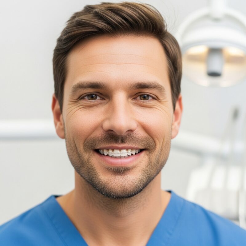 Žmogus su skaidriomis dantų kapomis šypsosi pasitikėdamas savimi.